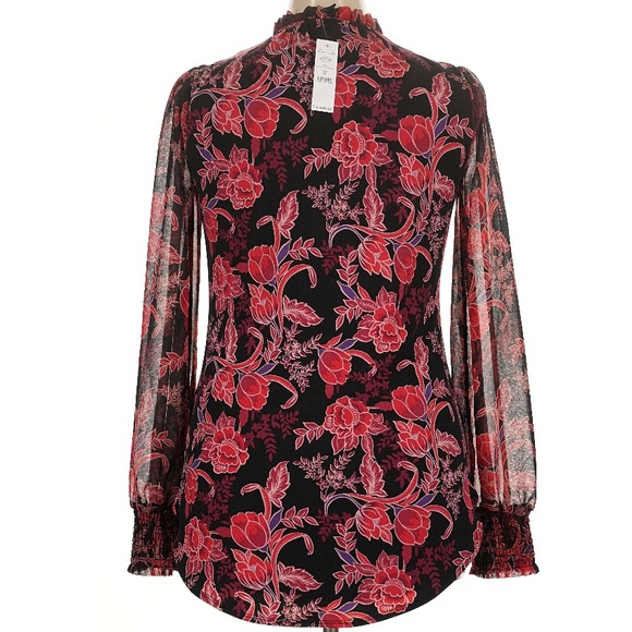 NWT WHITE HOUSE BLACK MARKET Floral Sheer Long Sleeve Tie Blouse Size Medium - Picture 4 of 5